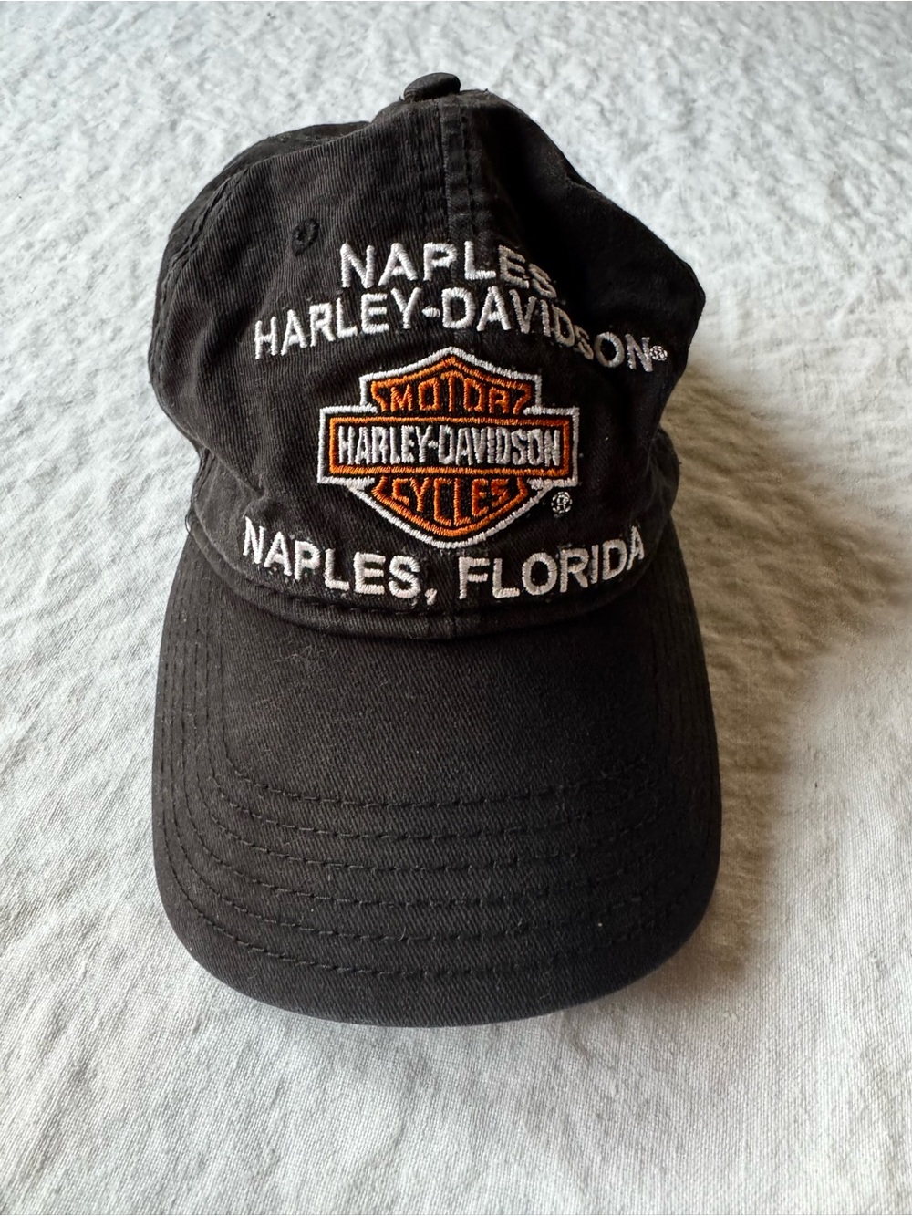 Vintage Harley-Davidson Black Baseball Cap with White & Orange Embroidery